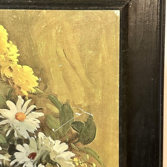 Vtg Floral Print On Wood 70’s Retro DAC N.Y. 1968 Daisies Yellow White R. Calao - Picture 4 of 7